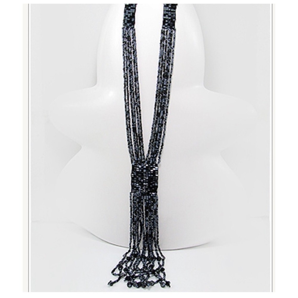Black Beaded Tassel Necklace Multi Strand Art Deco Whimsigoth Witchy New